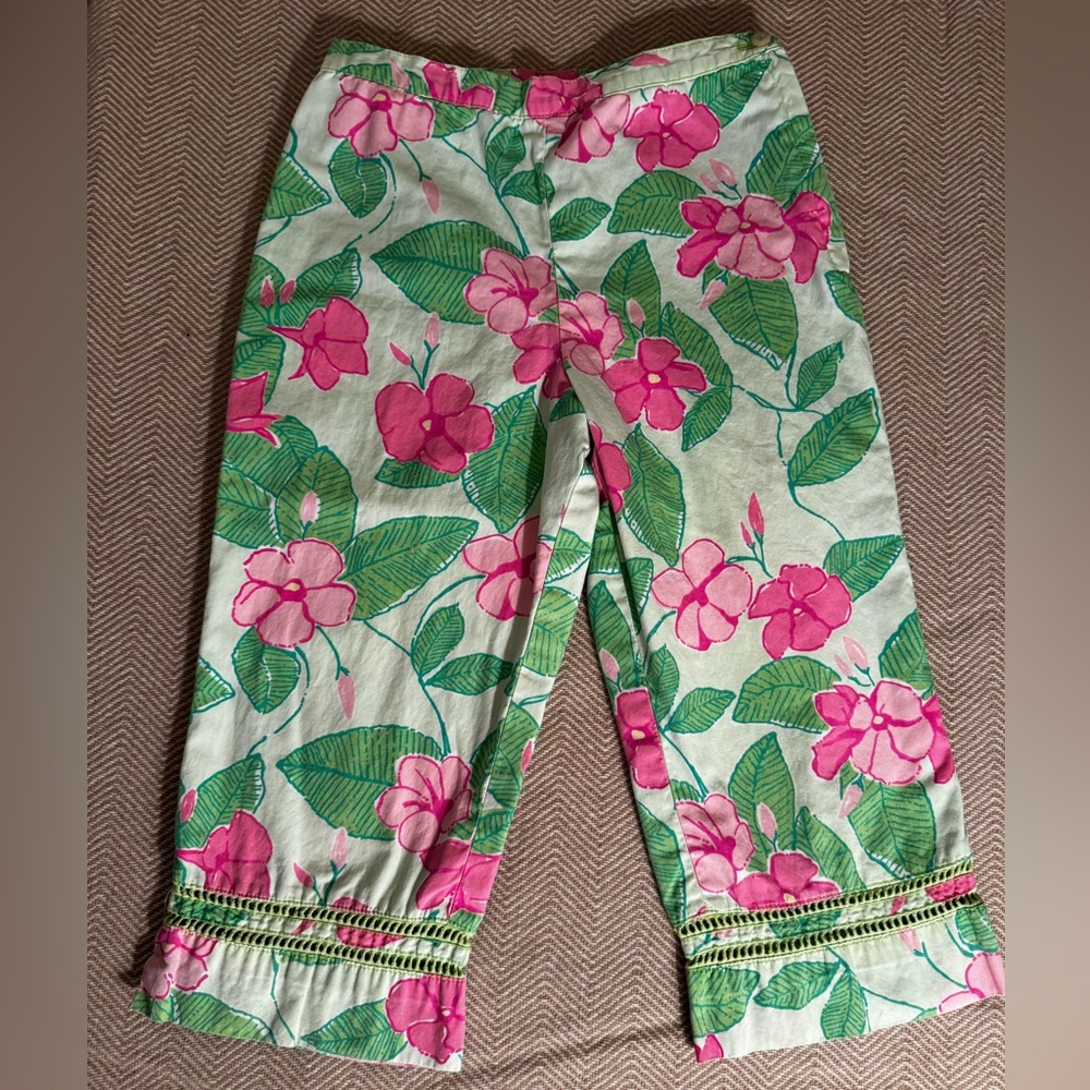 Lilly Pulitzer Floral Cotton Cropped Pants Size 7 Girls Pink Green Cottagecore